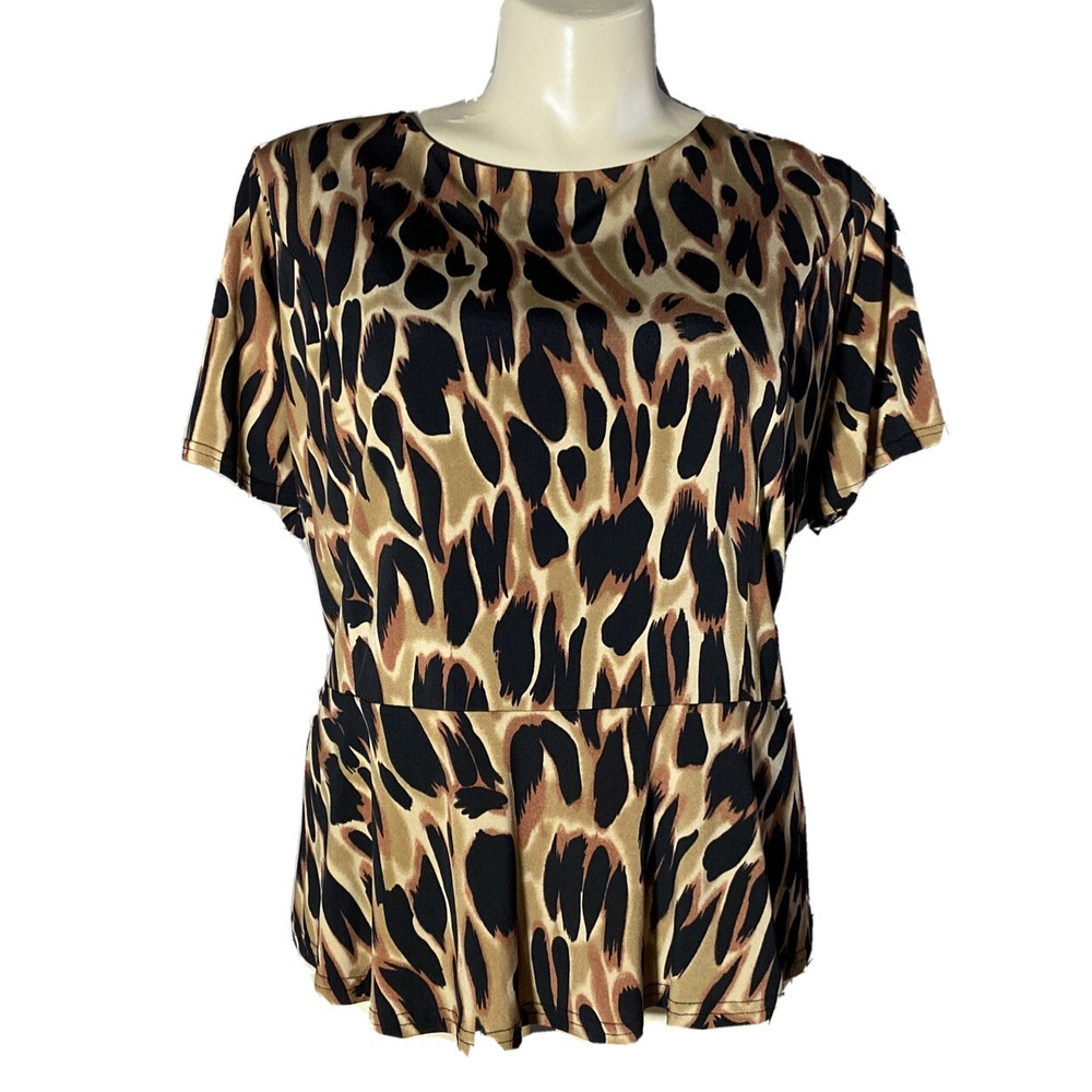 Joanna Hope Top Womens 24 Beige Tank Black Animal Jersey‎ Peplum Stretch Blouse